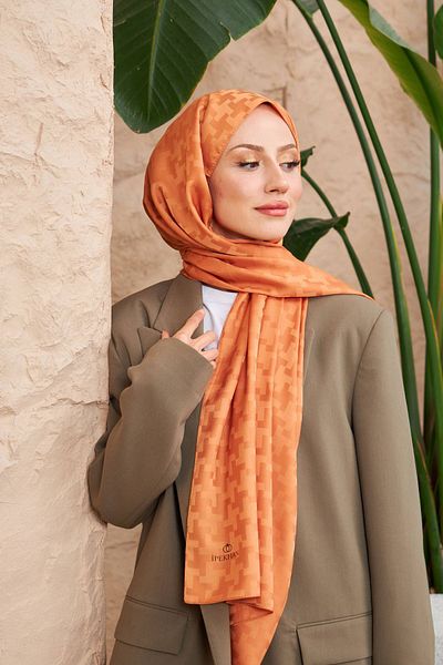 İpekhan Brick Color Silky Jacquard Patterned Shawl - 9006-14
