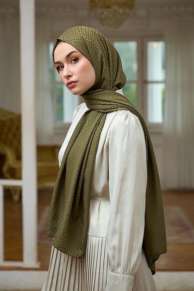 İpekhan Silky Jacquard Shawl Olive - Summer Shine Collection 9017-01