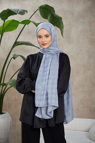 İpekhan Lavender Gray Neo Houndstooth Patterned Silky Jacquard Shawl - 9010-24