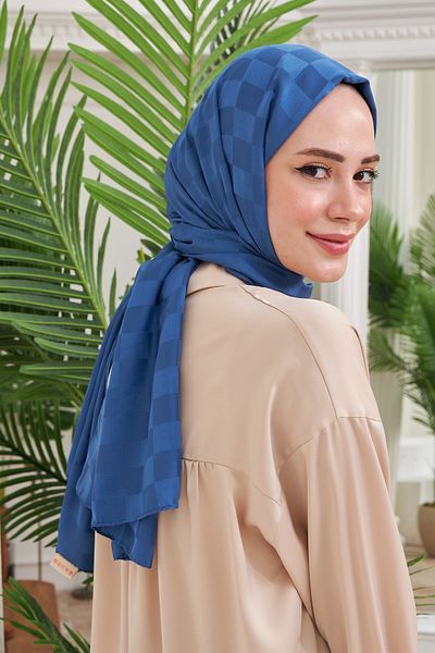 İpekhan Indigo Blue Jacquard Series - Μεταξωτό σάλι με σχέδιο σκακιέρας 9002-08