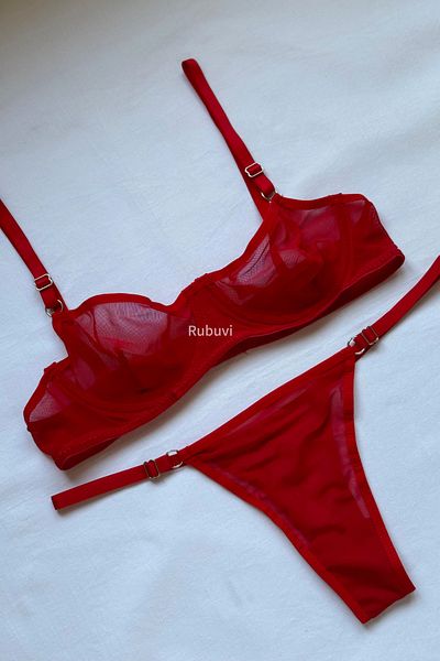 Rubuvi Lora Women's Red Capless Underwire Tulle Bralet Dowry Underwear Bra Set Lingerie Set
