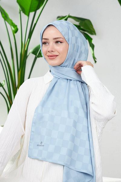 İpekhan İpekhan Yeni Dama Desen Ipeksi Jakar Şal Mavi 9007-05