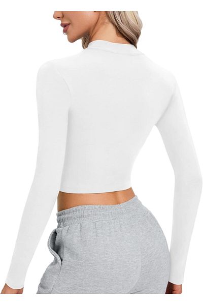 MADAM SHİLA White Darkalıp Slimfit Cotton Long Sleeve Zippered Crop Top Sporty Body