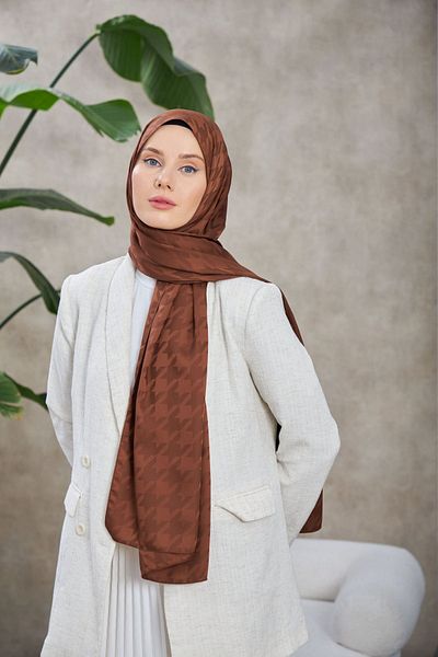 İpekhan Neo Houndstooth Pattern - Silky Jacquard Shawl, Bitter Brown 9010-11