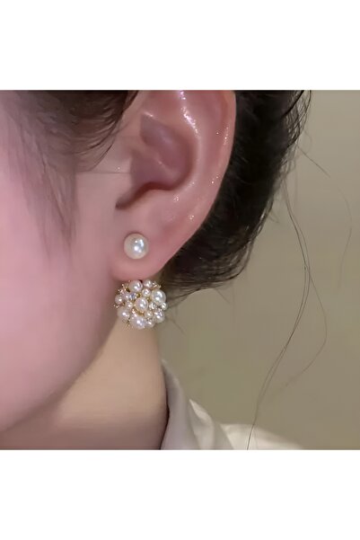 NeednStore Kadın Inci ve Zirkon Detaylı Alt Üst Takımlı Tasarım 925 Ayar Gümüş Üzerine Altın Kaplama Küpe