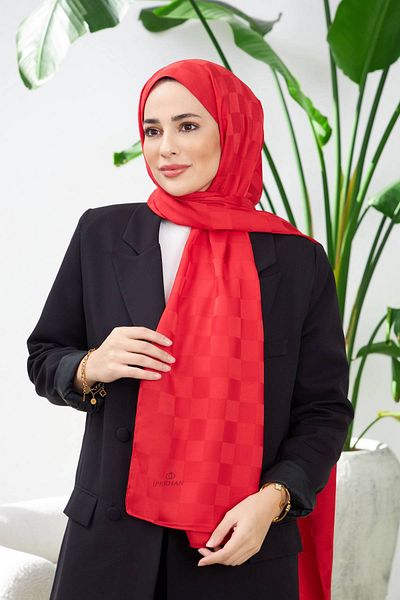 İpekhan İpekhan Yeni Dama Desen Ipeksi Jakar Şal Kırmızı 9007-10