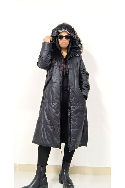AKŞEN GİYİM Plus Size Women's Winter Fur Lined Padded Zipper Closure Fur Hood Coat