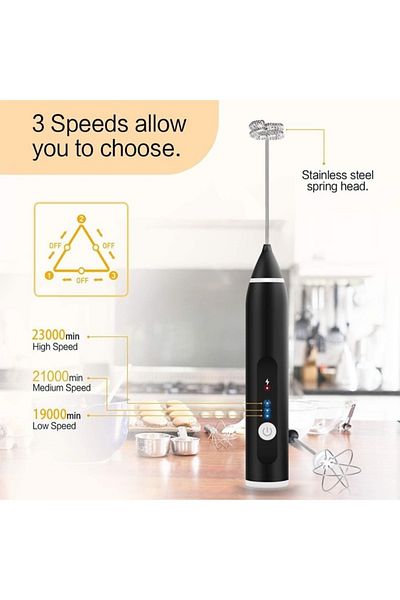 Taimi 3-Speed Adjustable USB Rechargeable Handheld Electric Milk Frother Black