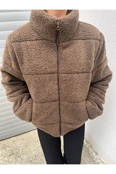 Giyyin Brown Lamb Plush Embossed Padded Lined Women's Teddy Coat