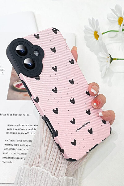 KVK PRİVACY Apple iPhone 16 uyumlu Kılıf Siyah Kalp Desenli Kamera Korumalı Z...