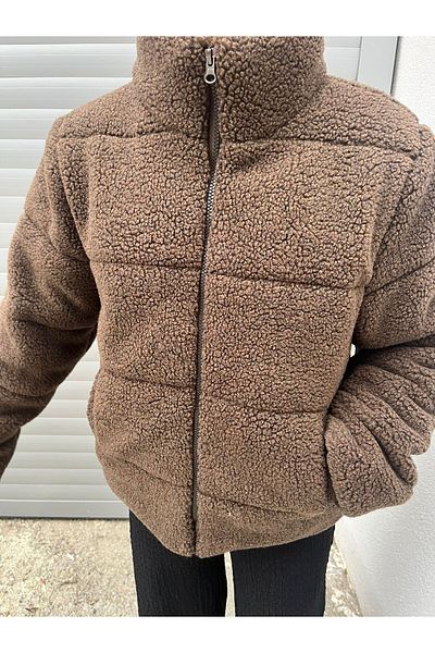 Giyyin Brown Lamb Plush Embossed Padded Lined Women's Teddy Coat