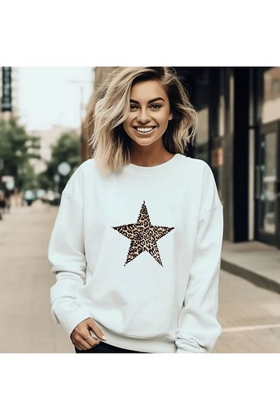 LA GULER VESTITI-Leopard Star Printed Crew Neck Oversize Hoodies Φούτερ