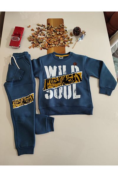 Asel Wi?Ld Soul Written Tiger Patterned 3 I? ?Pli?K Raster Bottom Top Boy's Set