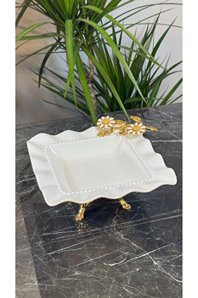 MAY HOME Kare Porselen Metal Gold Ayaklı Papatya Sunumluk Tabak