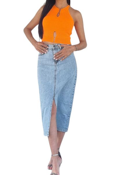 duygu dilsiz Fusta de damă, albastră, cu buzunare, cu lungime maxi, din denim