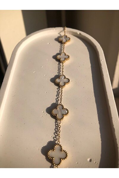 Tulipscollection çelik beyaz gold sedefli yonca bileklik