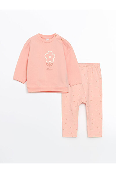 LC Waikiki Pink Crew Neck Long Sleeve Floral Baby Girl Sweatshirt and Leggings Set of 2