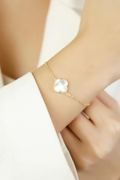 SARIASLAN 4 Yaprak Yonca 12 Milim 925 Ayar Gümüş Sedef Beyaz Taşlı Gümüş Bileklik