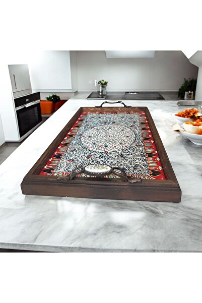 AYGEN AHŞAP EL YAPIMI TEPSİ  SERAMİK YÜZEY ÜZERİ KIRMIZI HALİÇ DESEN MASİF ÇA...