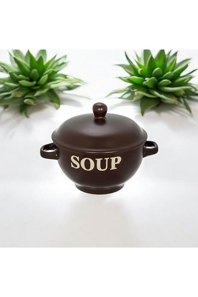 Home Ceramic Brown Soup Bowl with Handle and Lid, 650ml, 14X8