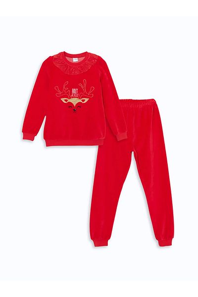 LC Waikiki Lcw Kids Red Christmas Themed Velvet Girls' Pajamas Set