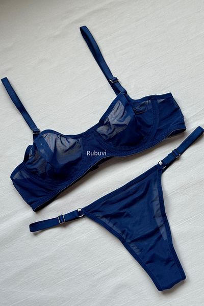 Rubuvi Set de lenjerie intimă pentru femei Lora, albastru, fără cupe, cu sârmă, din tul, zestre