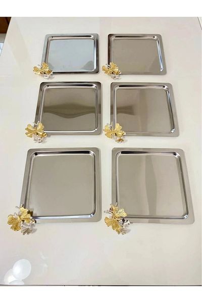 VENON Ornate Stainless Steel Square Tea Coffee Presentation Tray with 6Pcs Accessories Decorative Presentation Serving Tray