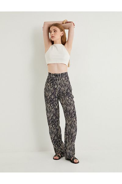 Koton Wide Leg Zebra Patterned Trousers Elastic Waist Viscose Fabric