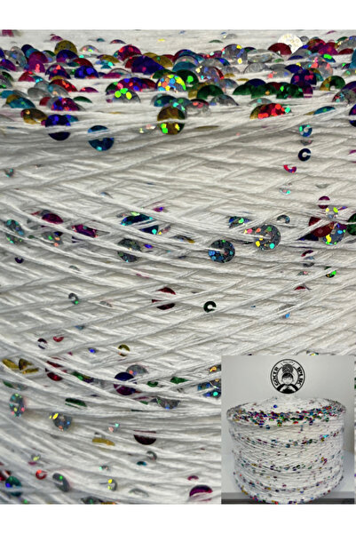 göçer Сумка Шнур / Пряжа Віскоза Бавовна 3 мм + 6 мм Великі блискітки Колір Білий Веселка Блискітки Візуально чіткий 200 г