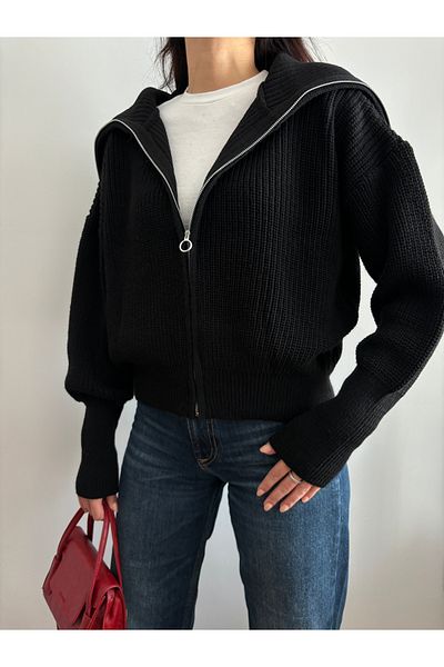 Nopen Knitwear Μαύρη ζακέτα πλεκτή με φερμουάρ με γυριστό γιακά