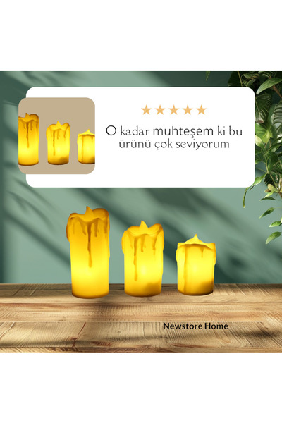 NEWSTORE HOME 3'lü beyaz Erimiş Görünümlü Led Mum Pilli