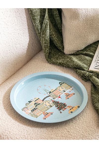 LC Waikiki Blue Christmas Themed Round Tray 25 cm