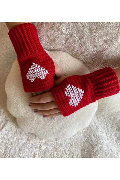 SARE SÜS EVİ PARMAKSIZ KALPLİ ÖRGÜ ELDİVEN