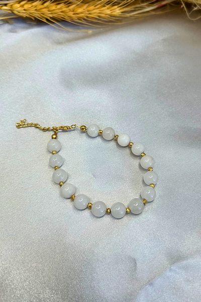 Suerte Accessories سوار نسائي من حجر القمر الطبيعي مصنوع يدويًا من حجر الدوريكا الذهبي بتصميم خاص من حجر القمر الطبيعي