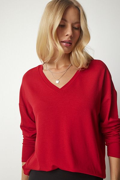 Lovelyİstanbul Red V-Neck Knitwear Blouse - Lub0047