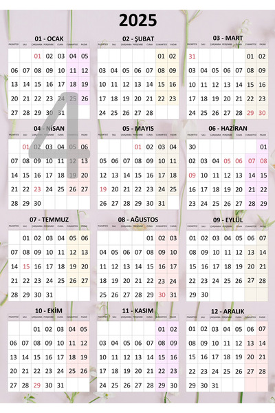 GÜL MZC 2025 Dikey Duvar Takvimi, Cam - Kapı - Duvar için, Arkası Yapışkanlı Sticker, Folyo