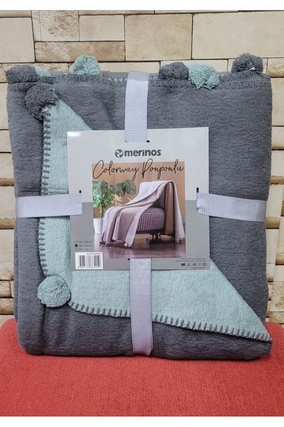 KÜBRAHOME'S Double Sided Merino Cotton Pompom Blanket - Gray, Double