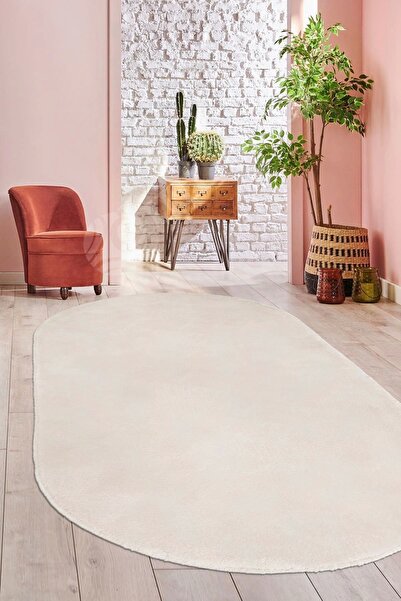 Dijidekor Peluş Halı Krem Cool Yıkanabilir Oval Post Kesme Yolluk Kilim Salon...