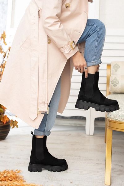 Scarpebutik Women's Leather Sheepskin Lining Suede Black Elastic Thick Soled Boots