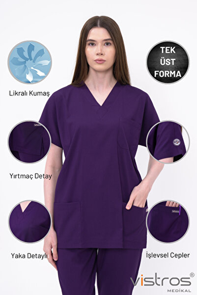 Vistros Medikal V Yaka Detaylı Mor Doktor Hemşire Forması Medikal Forma Cerra...