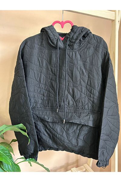 LİLOŞ Black Hooded Skirt Adjustable Elastic Kangaroo Pocket Coat