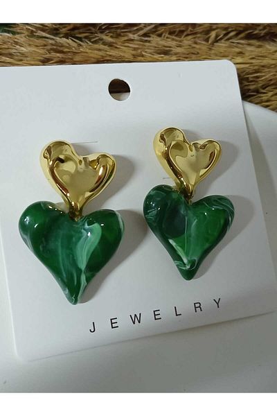 mos&more Steel Nefti Green Gold Heart Design Women's Earrings
