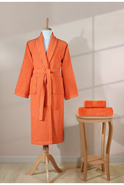 Ellaline Striped Bathrobe Set 100% Cotton Certified 3 Piece Shalyaka Bathrobe and Head Towel Set Orange