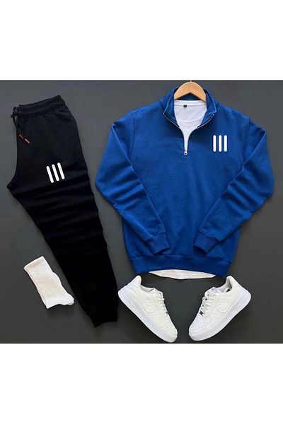Minikelya Half Zipper Stand Collar 3 Line Printed Tracksuit Set