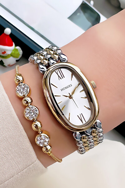 Homies ساعة يد نسائية بسوار فولاذي ذهبي فضي اللون - مقاومة للماء 3 ATM + سوار...
