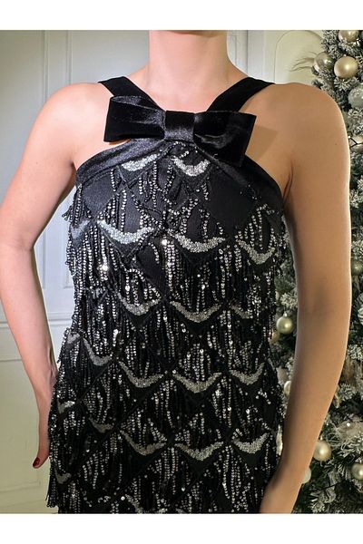 1Moda1Tarz Γυναικείο φόρεμα με επένδυση από ασημί εισαγόμενο παγιέτες - Λεπτομέρεια φιόγκου με χαμηλή πλάτη και σκίσιμο