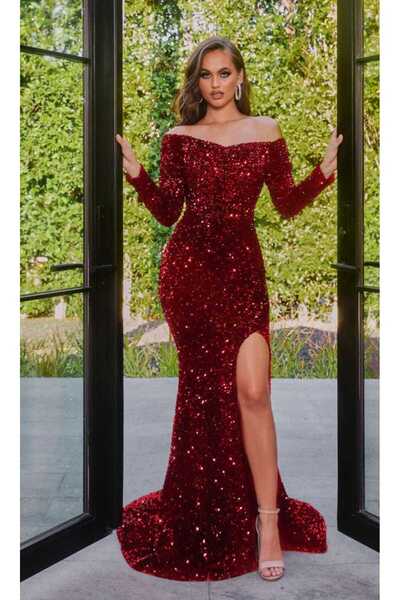 SELİN MODA EVİ KAYIK YAKA PULLU KADİFE ELBİSE