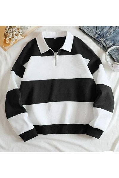 woonkey Hanorac unisex negru oversize cu dungi Pola guler - jumătate cu fermoar, 3 fire