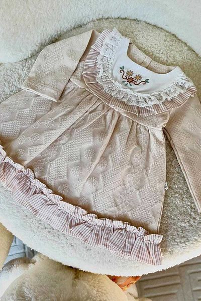 dinamik çocuk 0-2 Years Flower Embroidered and Lace Detailed Dress - Self Patterned Fabric