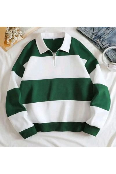 woonkey UNISEX ΜΑΥΡΟ Φούτερ με ριγέ γιακά Pola Oversize - Μισό φερμουάρ, 3 κλωστές